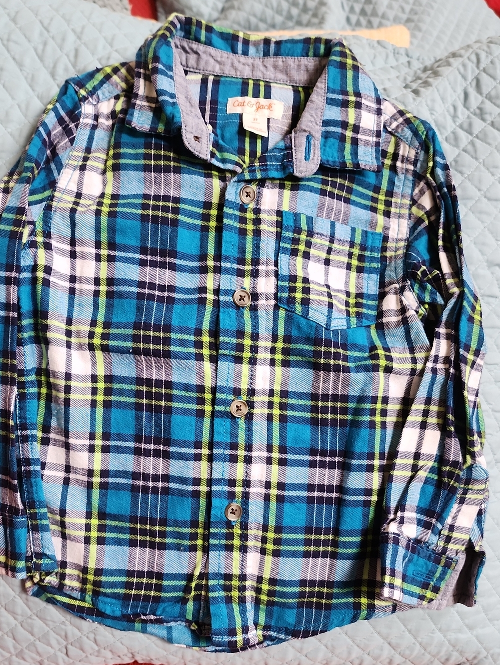 3T Cat & Jack Teal, Navy & Lime Plaid Button-Down Shirt